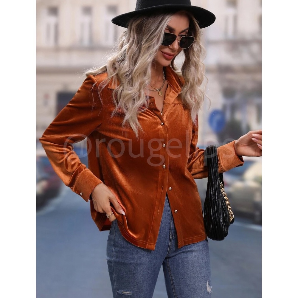 Velvet Rust Brown / Orange Casual Button Up / Down Shirt Collar, V-Neck - Picture 2 of 9
